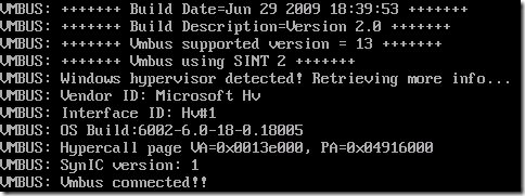 Screenshot displaying the VMBUS information on booting the virtual machine. Build Date=Jun 29 2009 and Build Description=Version 2.0.
