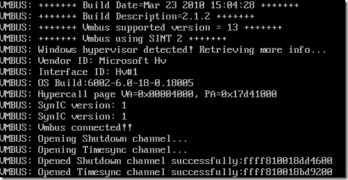 Screenshot displaying the VMBUS information on booting the virtual machine. Build Date=Mar 23 2010 and Build Description=Version 2.1.2.