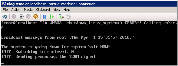 Screenshot displaying the virtual machine has received the shutdown command and starts the poweroff sequence.