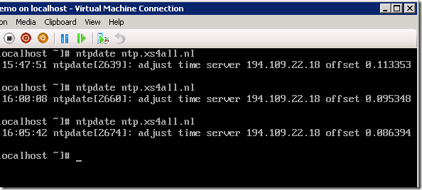Screenshot displaying the Hyper-V console showing the VM shows minimal time difference over the course of minutes.