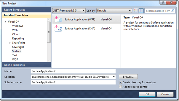 Screenshot with the "New Project" dialog displaying the Surface Application templates.