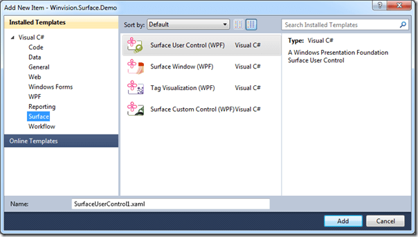 Screenshot with the "Add New Item" dialog displaying the Surface Control templates.