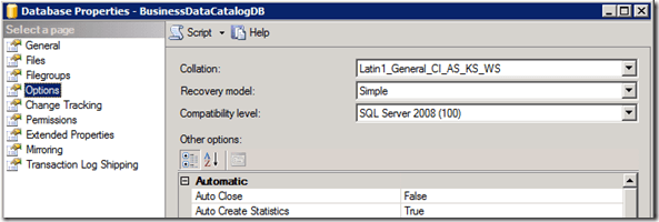 Database Properties screen with the Recovery model set to 'Simple'
