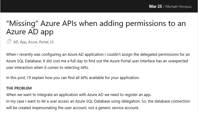 Missing Azure Apis When Adding Permissions To An Azure Ad App Michael S Coding Thoughts