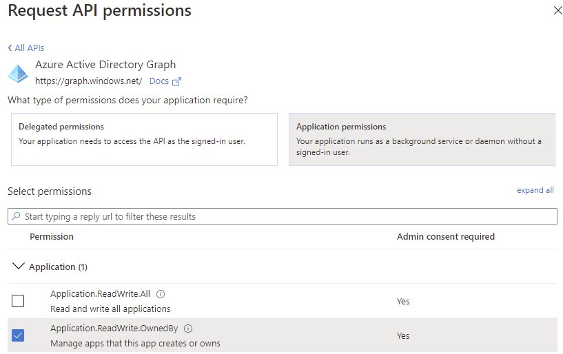 Screenshot of the “Request API permissions” pane. The “Application.ReadWrite.OwnedBy” permission is selected.