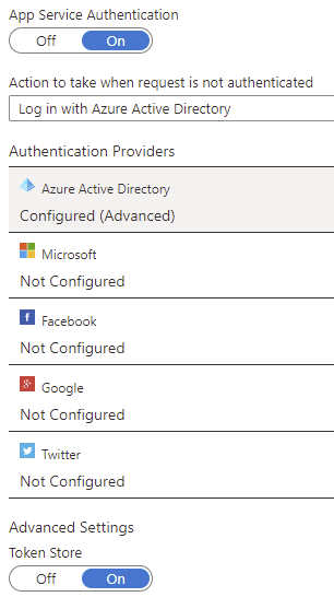 Screenshot of the Azure portal showing the configured App Service Authentication settings.