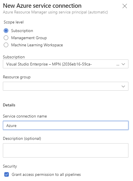 Screenshot of the “new Azure service connection” pane in Azure pipelines. It has an Azure subscription selected and uses “Azure” as Service connection name.