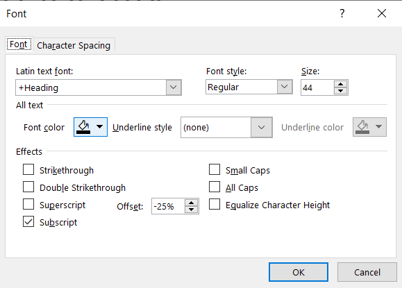 Font menu with the Subscript option checked